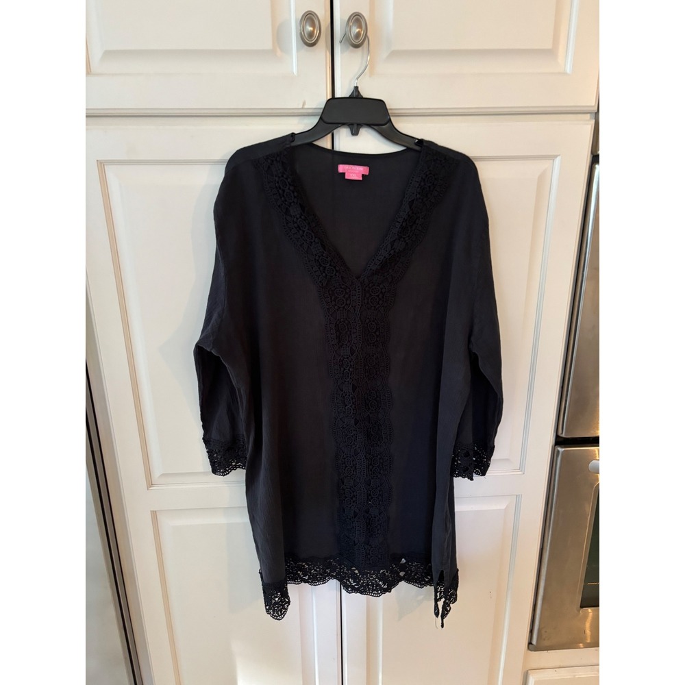 Isaac Mizrahi Black Lace Trim V Neck dress Shirt‎ Womens XXL